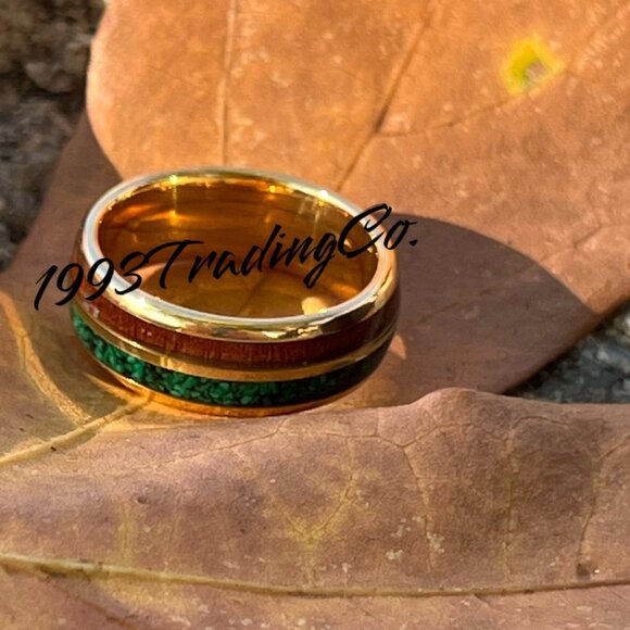 Malachite & Koa Wood Inlay 8mm SZ 10 Ring Tungsten Band Wedding Anniversary Gift - Picture 4 of 5